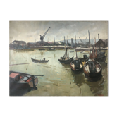 Painting Piet VOLCKAERT (1902-1973) HST Docked boats with urban marine crane