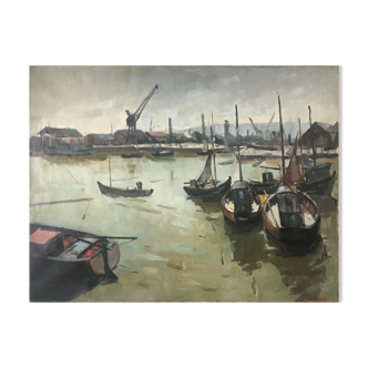 Painting Piet VOLCKAERT (1902-1973) HST Docked boats with urban marine crane