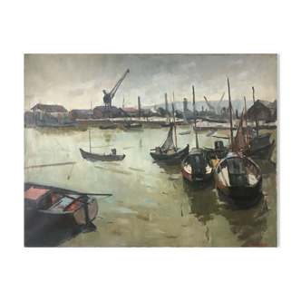 Tableau piet volckaert (1902-1973) hst bateaux à quai avec grue marine urbaine
