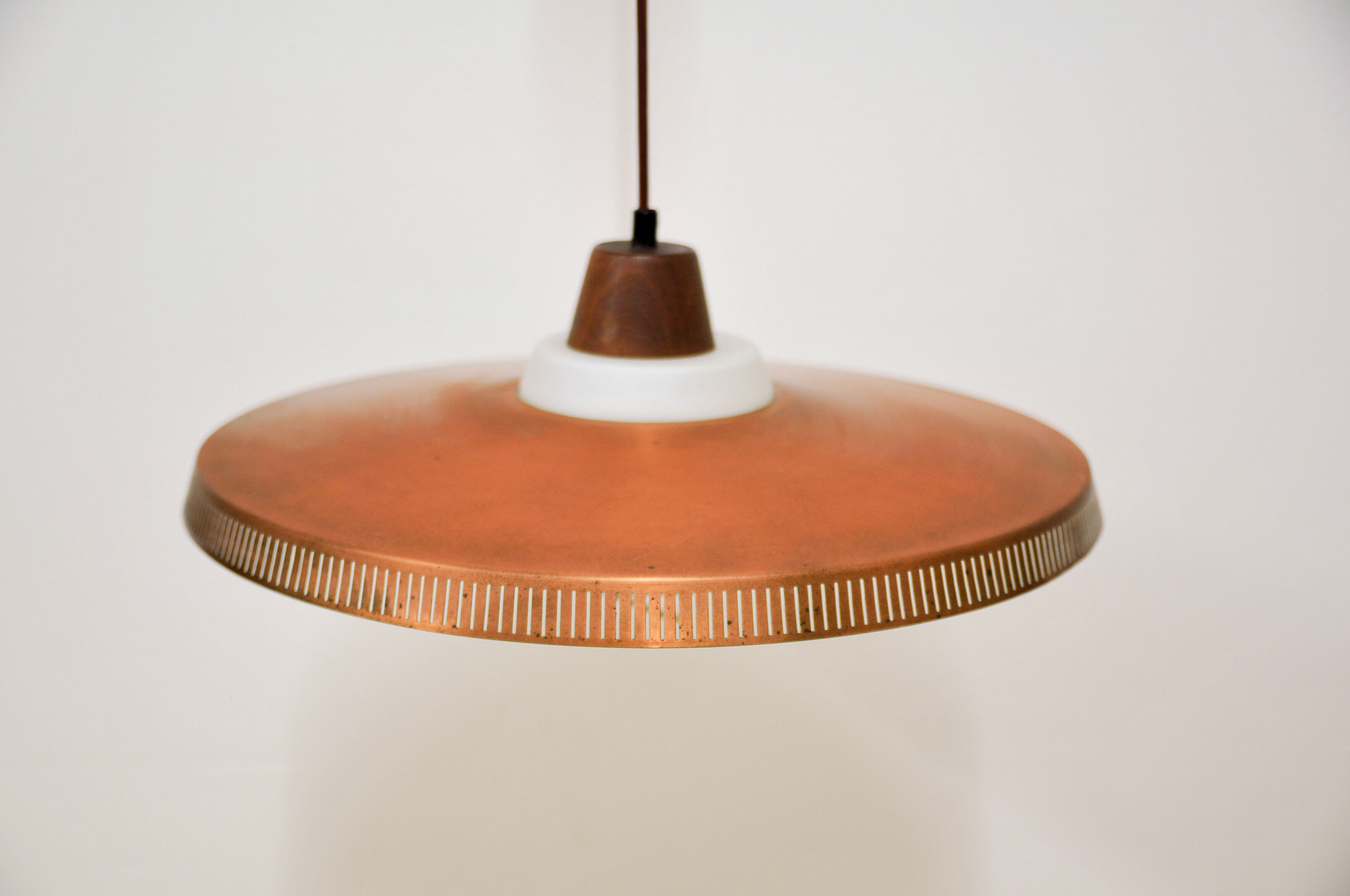 Copper milk glass & teak hanging lamp bent karlby for lyfa