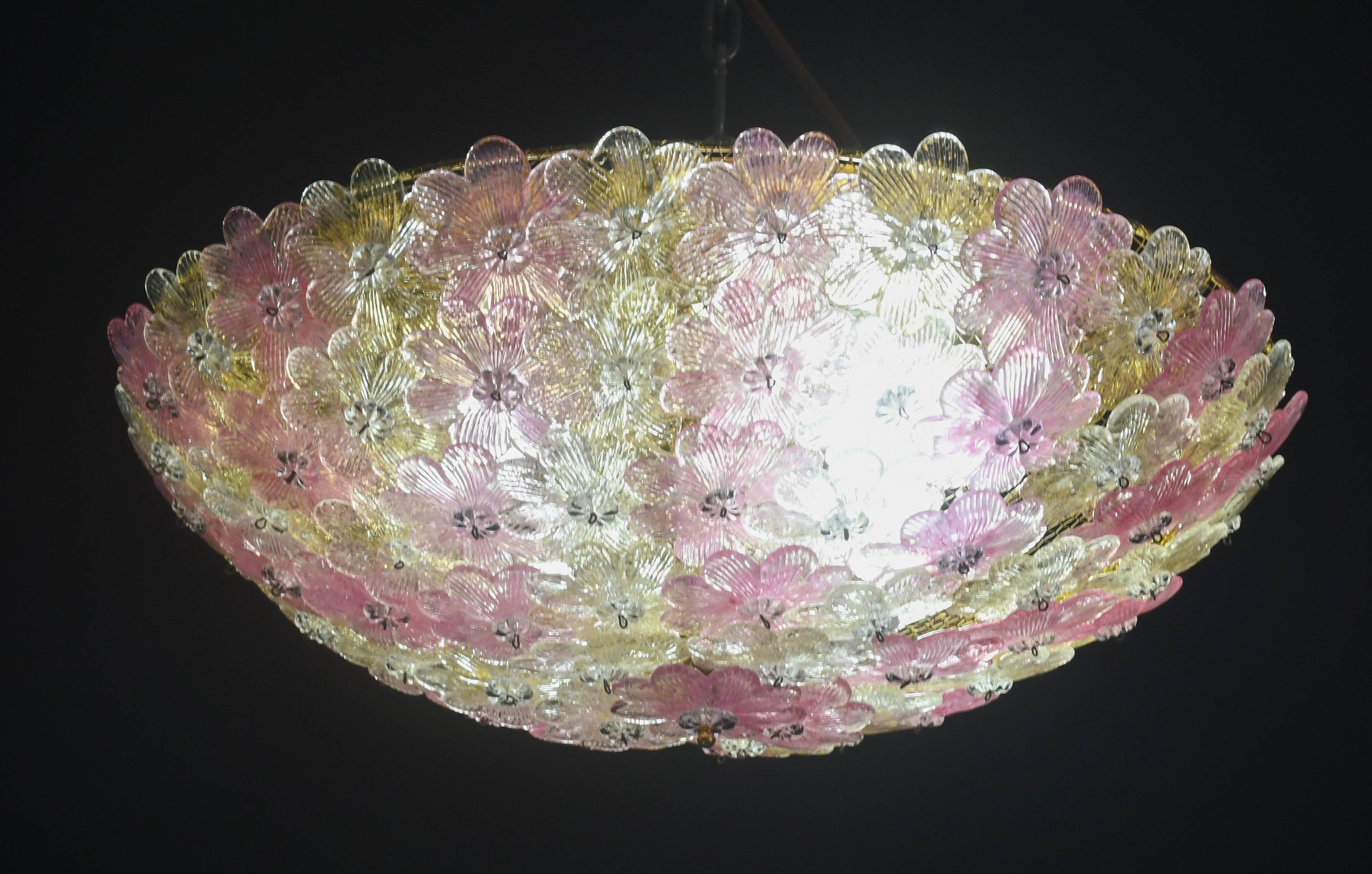 Amazing Pink and Gold Large Size Murano Ceiling Light Flower by Seguso