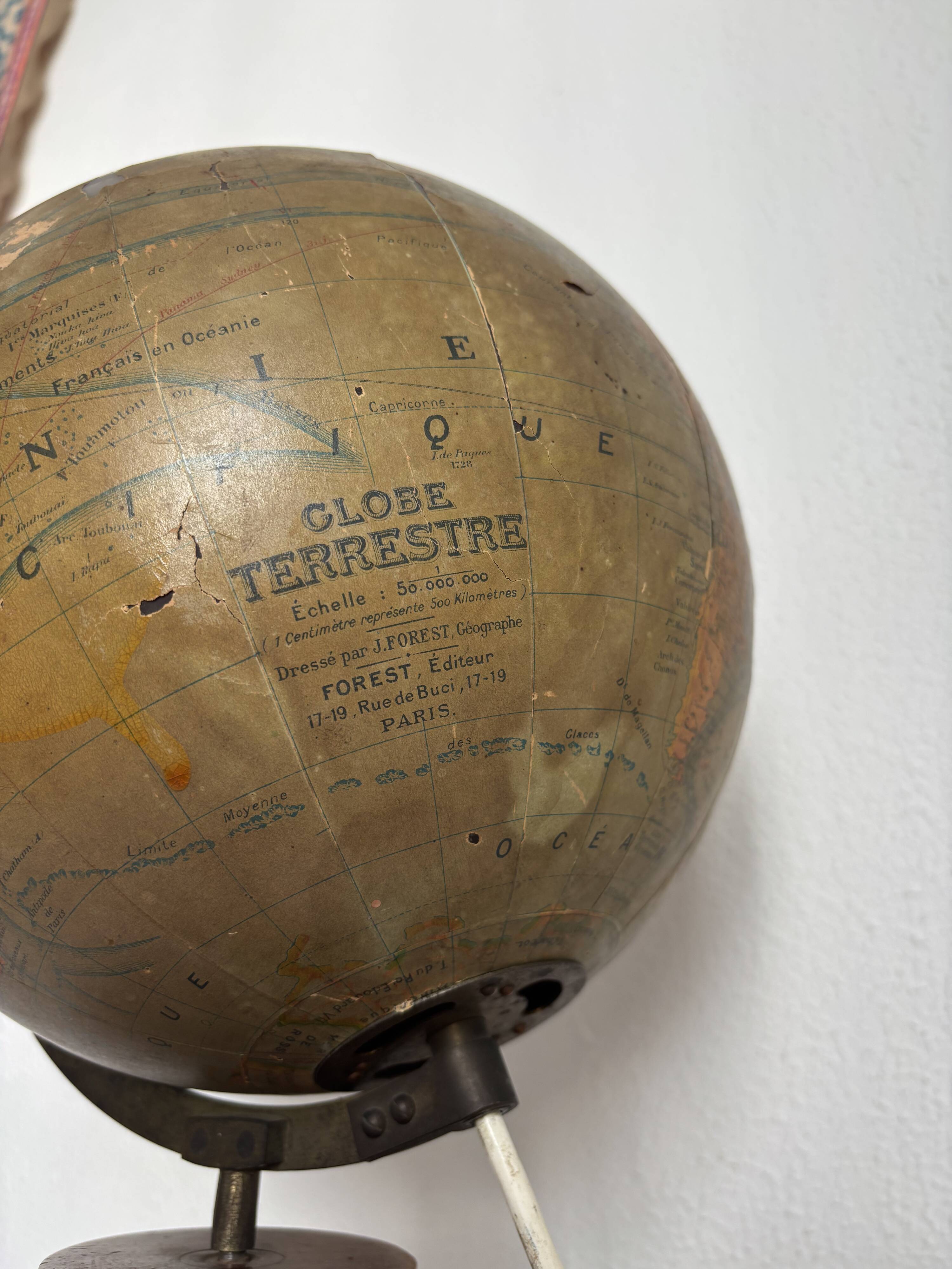 Vintage 1930 globe terrestrial Jacques Adnet world map J. Forest glass wood -