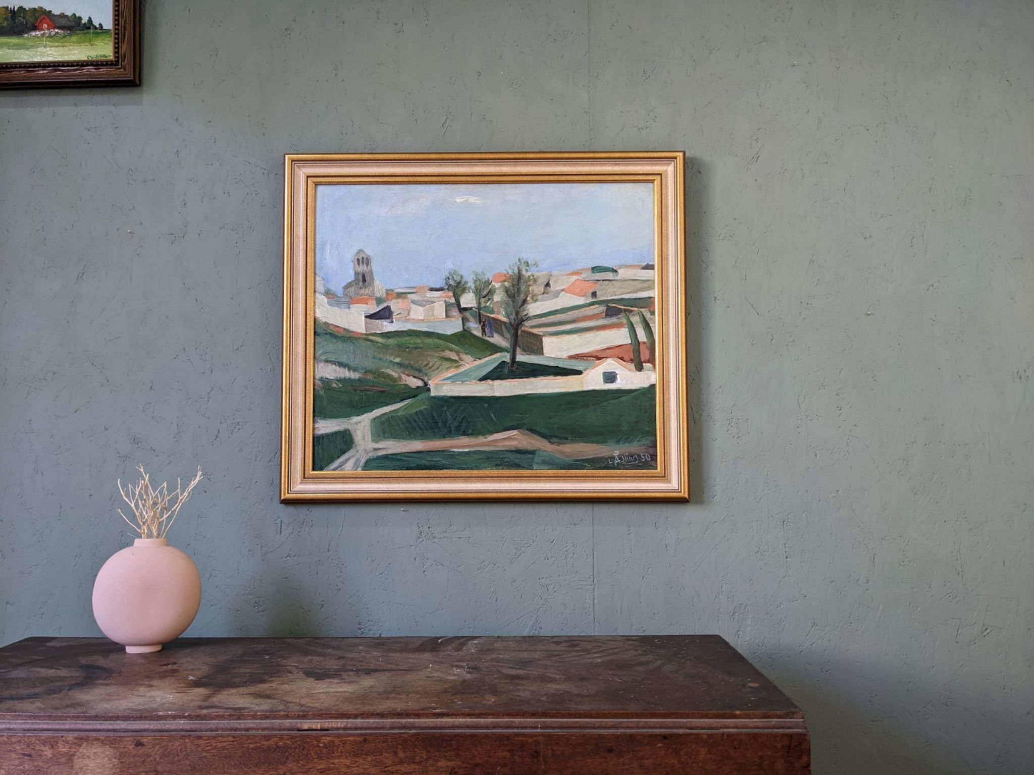 Mid-century modern swedish "slope" landscape, framed oil painting