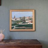 Mid-century modern swedish "slope" landscape, framed oil painting