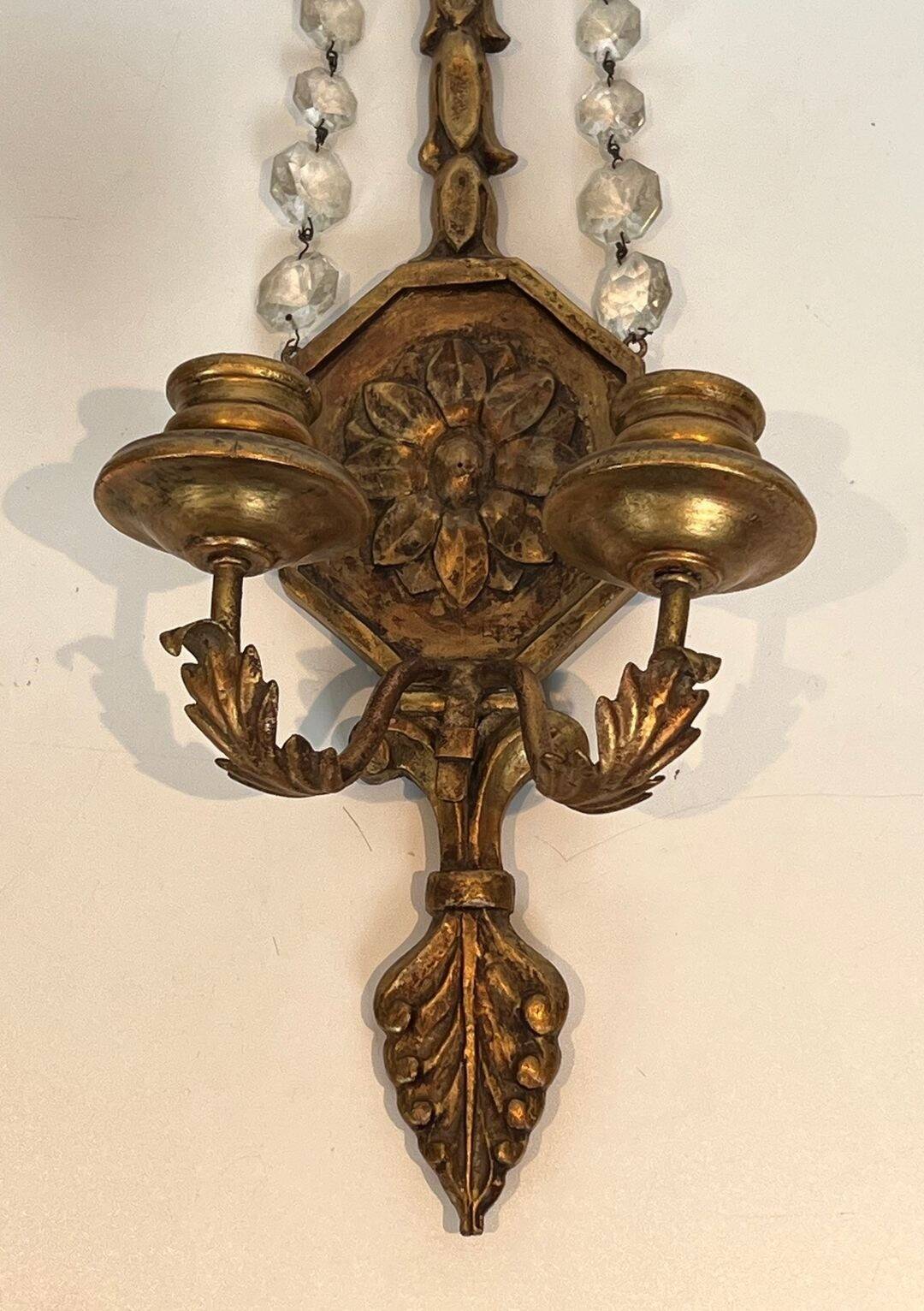 Important Pair of Gilded Carved Wood Wall Lights with Crystal Garlands