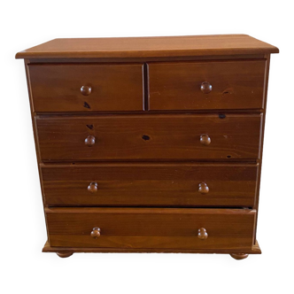 Varnished pine chest with 5 drawers scandinavian style 1990s