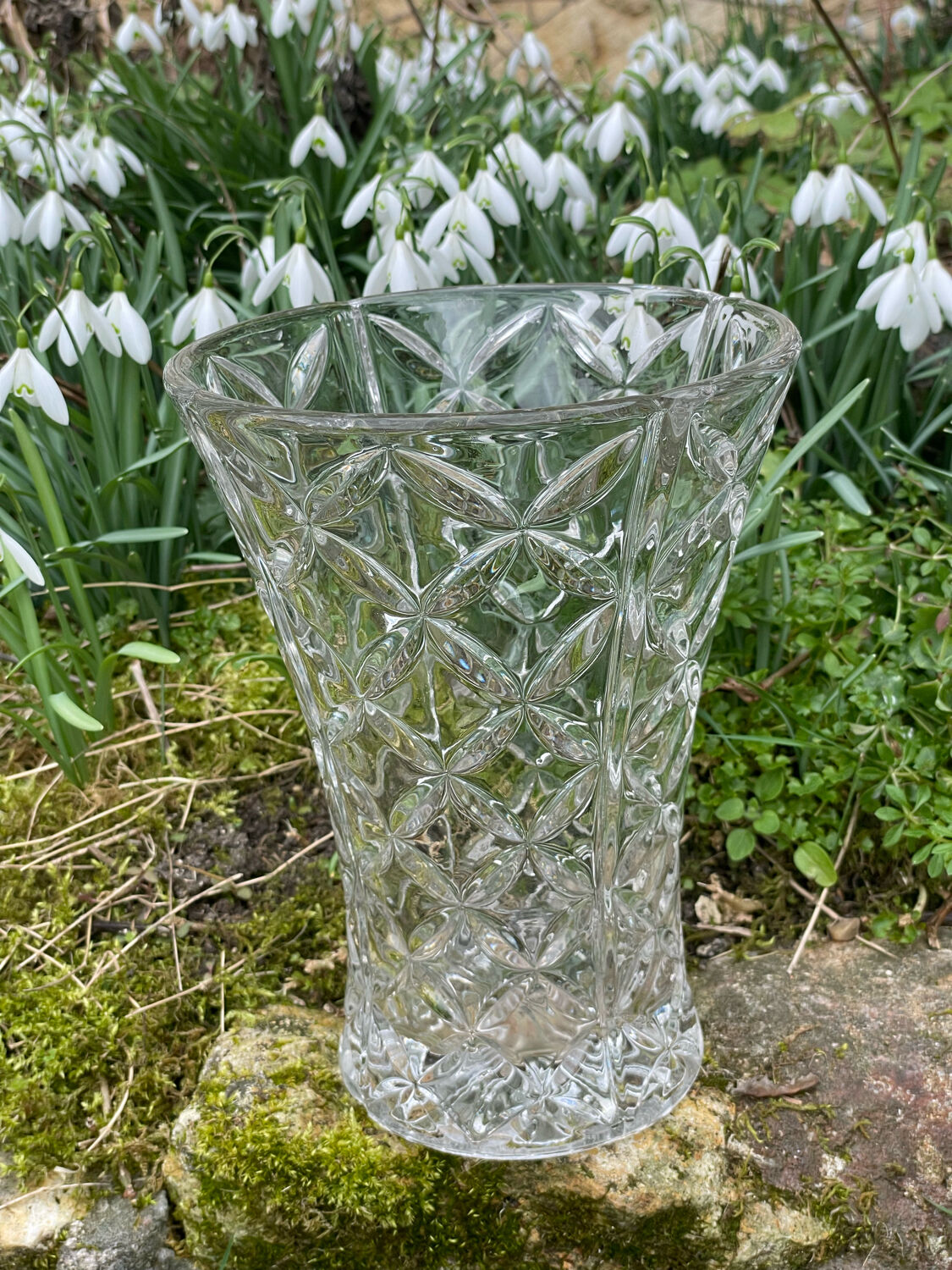 Vintage chiseled glass vase transparent glass