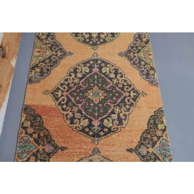 Vintage Turkish Oushak Handmade Wool Cotton Orange Runner Rug 90x373