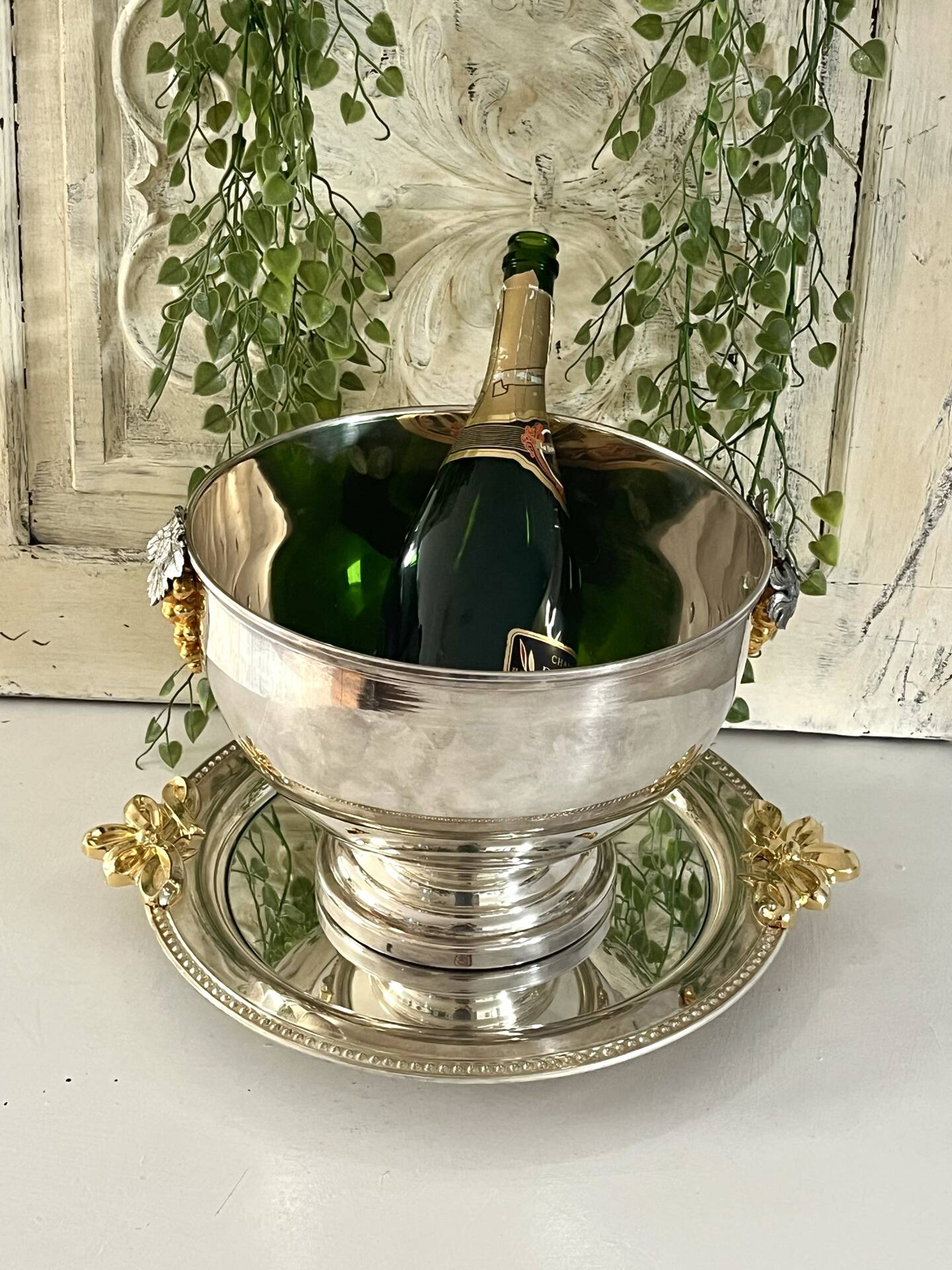 Silver Plated Grape Ice Bucket with Pedestal Tray, French ice bucket