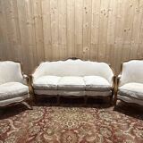 Beige Louis XV style salon sofa and pair of armchairs.