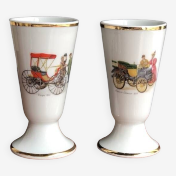 Pair of Limoges porcelain mazagrans with vintage car decor