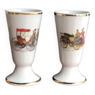 Pair of Limoges porcelain mazagrans with vintage car decor