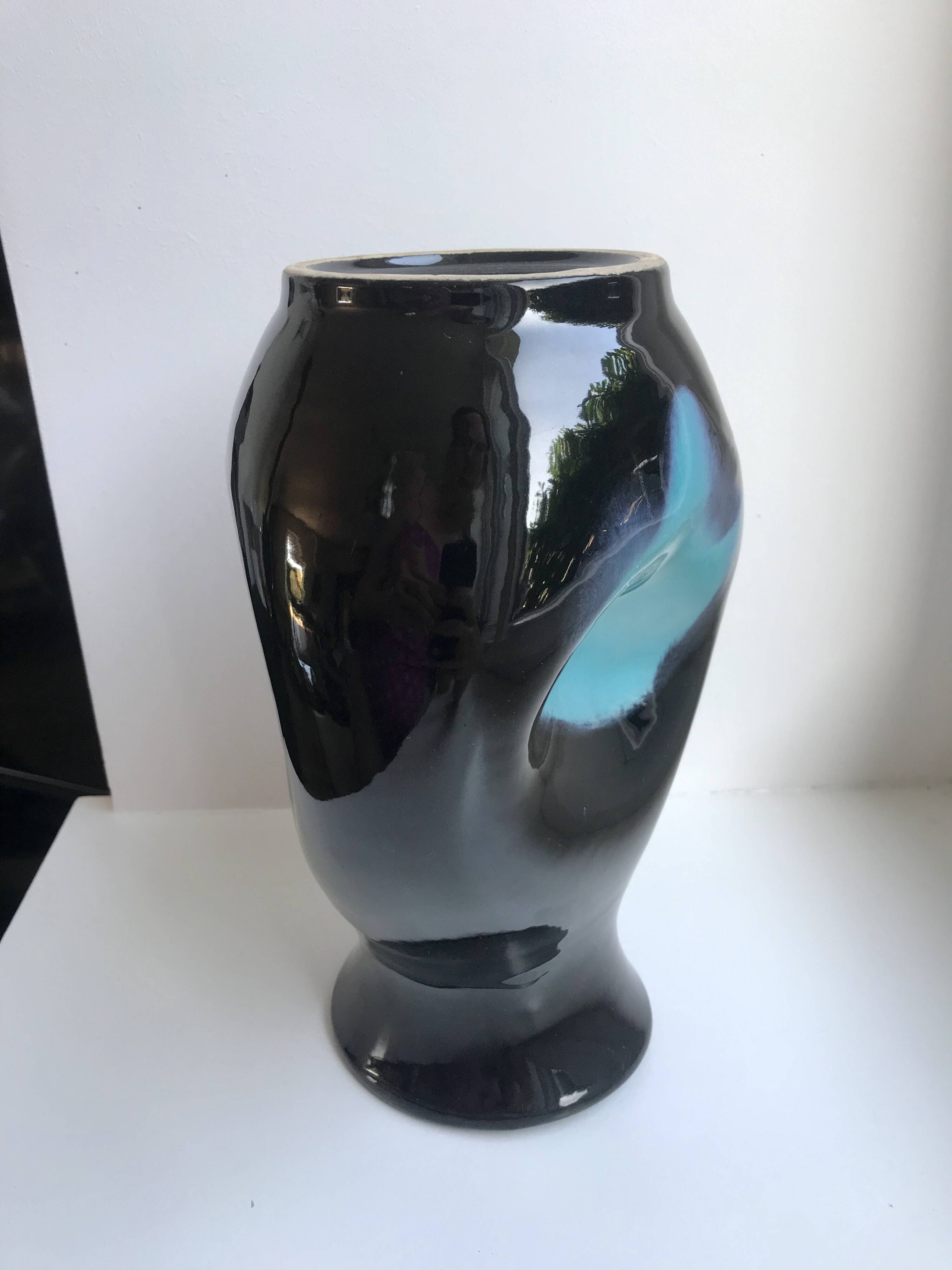 free-form design vase in black and blue ceramic from the 70s