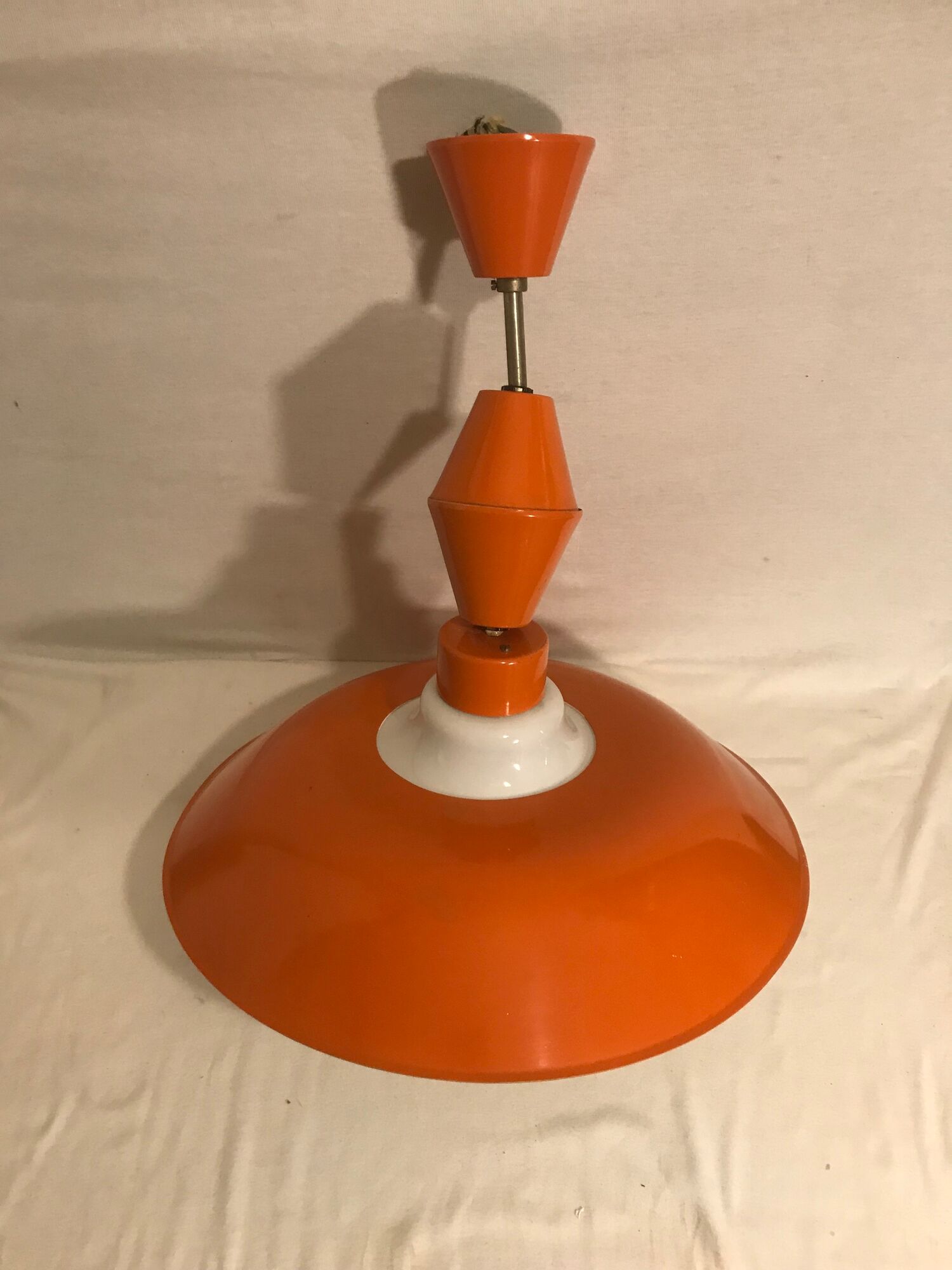 Hanging lamp old glass opal white, support & globe metal orange 70s vintage