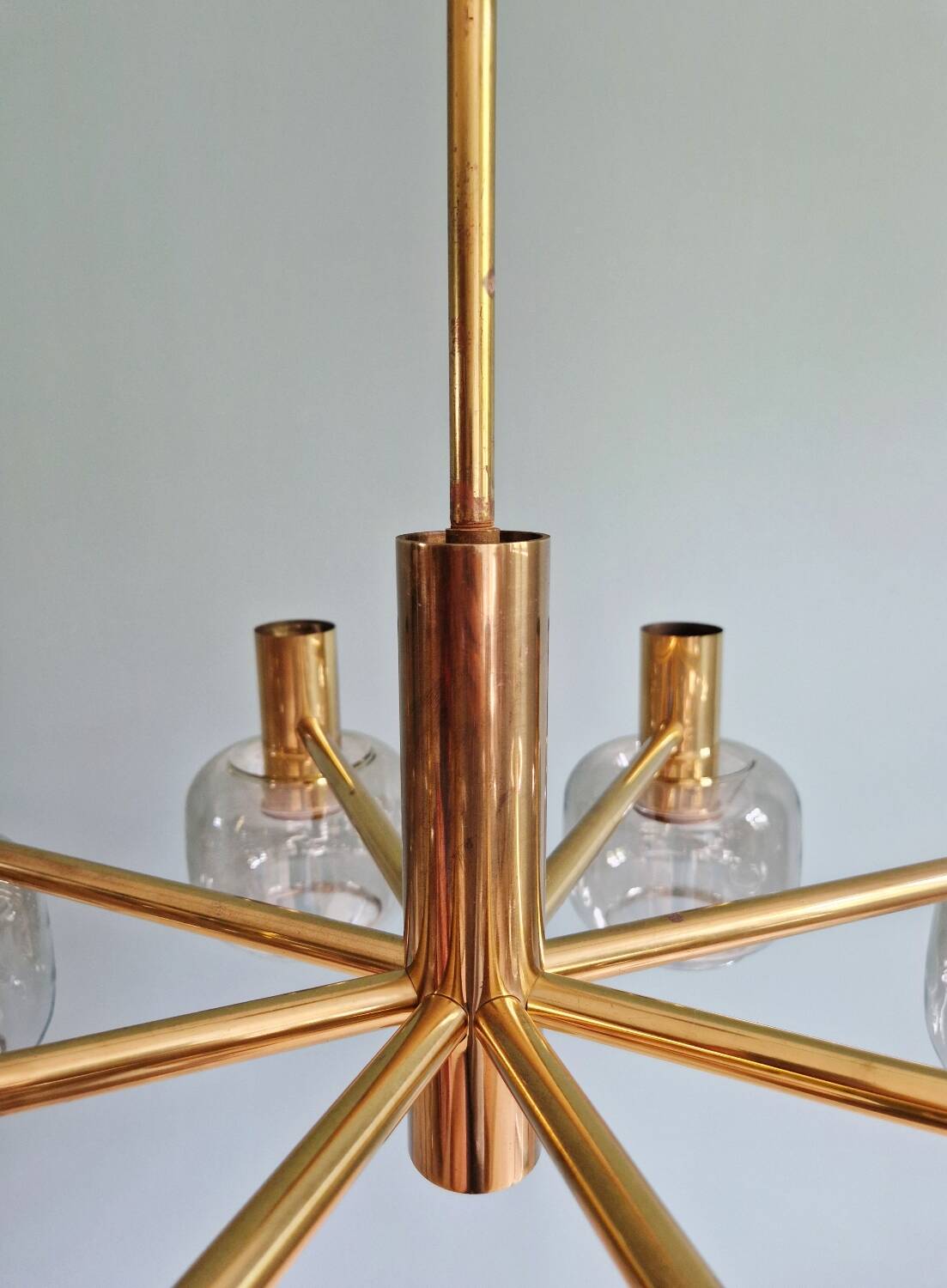 Large designer chandelier in brass and smoked glass globes, 1970s