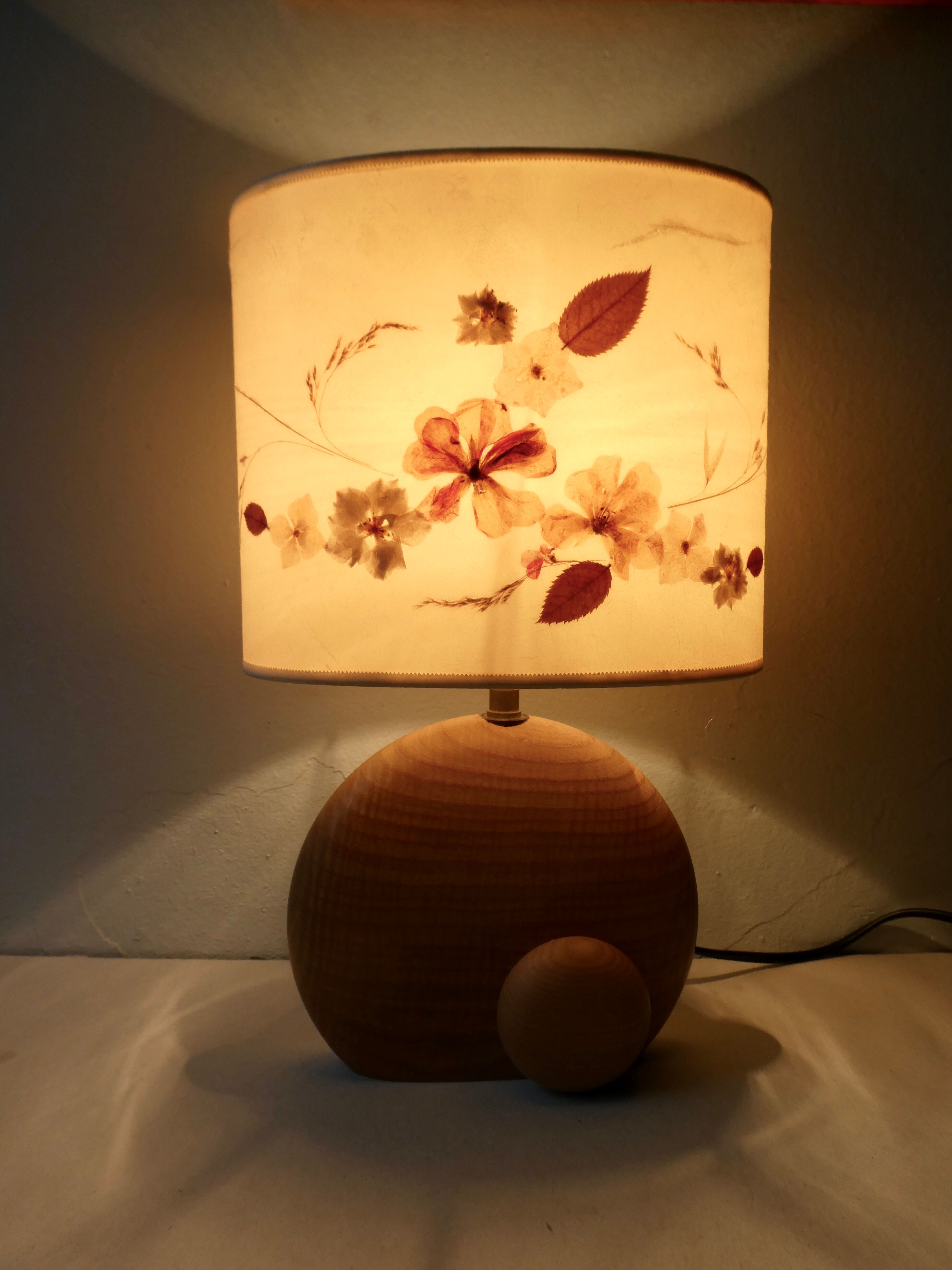 Wooden lamp with its herbarium lampshade from the 70s