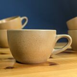 Jug and 5 cups in orange stoneware, very good condition, signed and numbered
