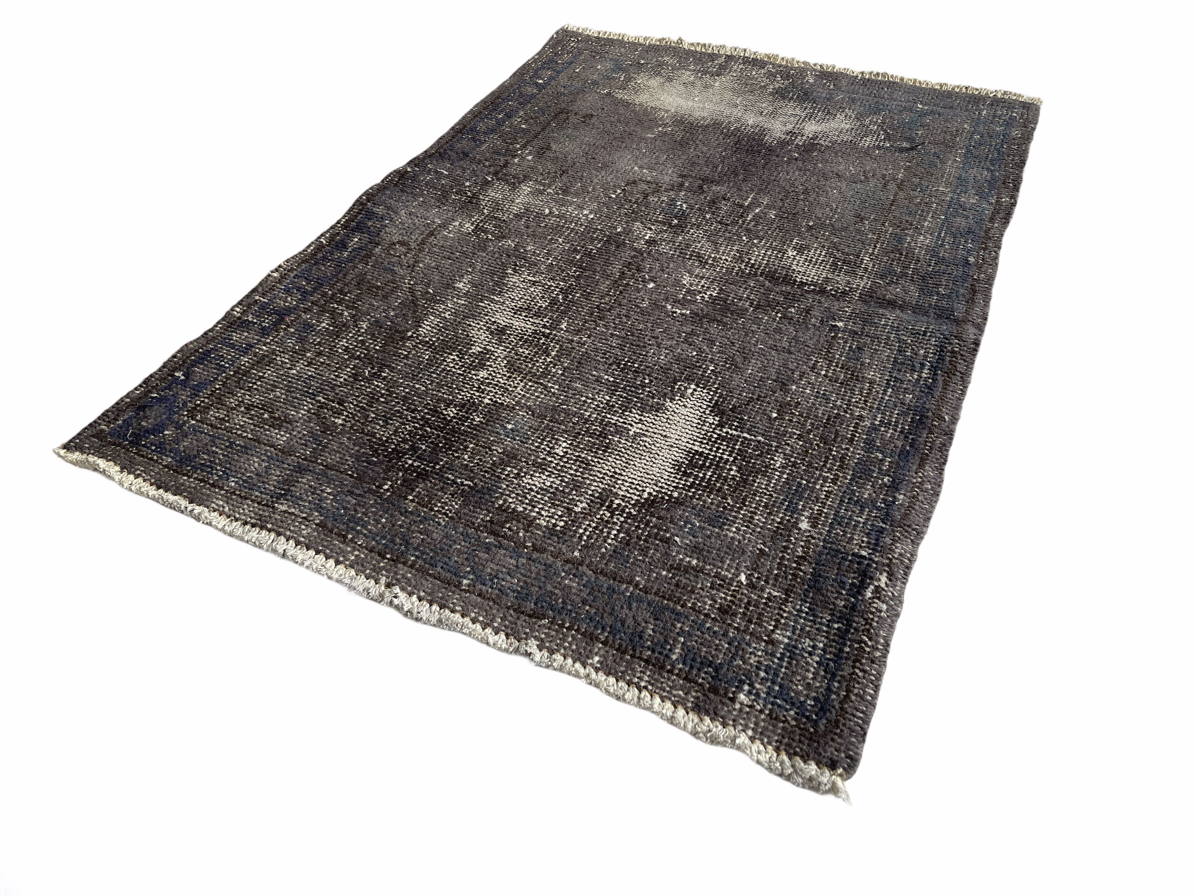 Distressed turkish rug 111x78 cm wool vintage rug, over-dyed gray