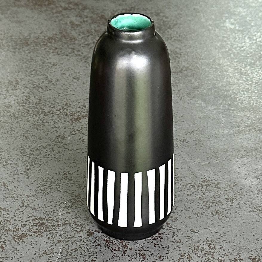 Upsala Ekeby Ceramic Vase – Black with Striped Pattern – Turquoise Interior –
