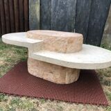 Asymmetrical coffee table design 80s in Mactan stones, travertine by Magnussen Ponte.