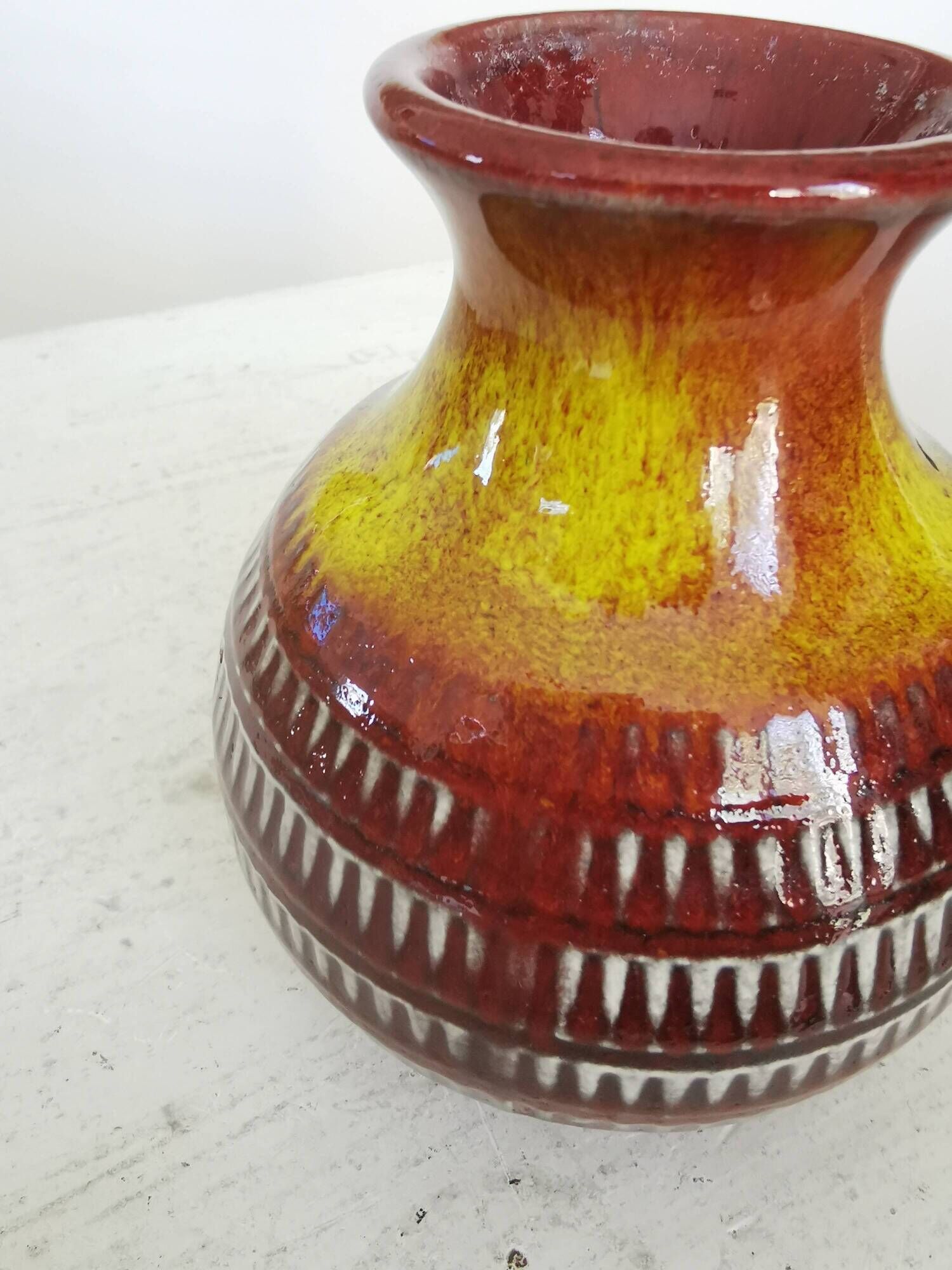 Vintage Scheurich Fat Lava Vase: West German Red & Yellow Pottery