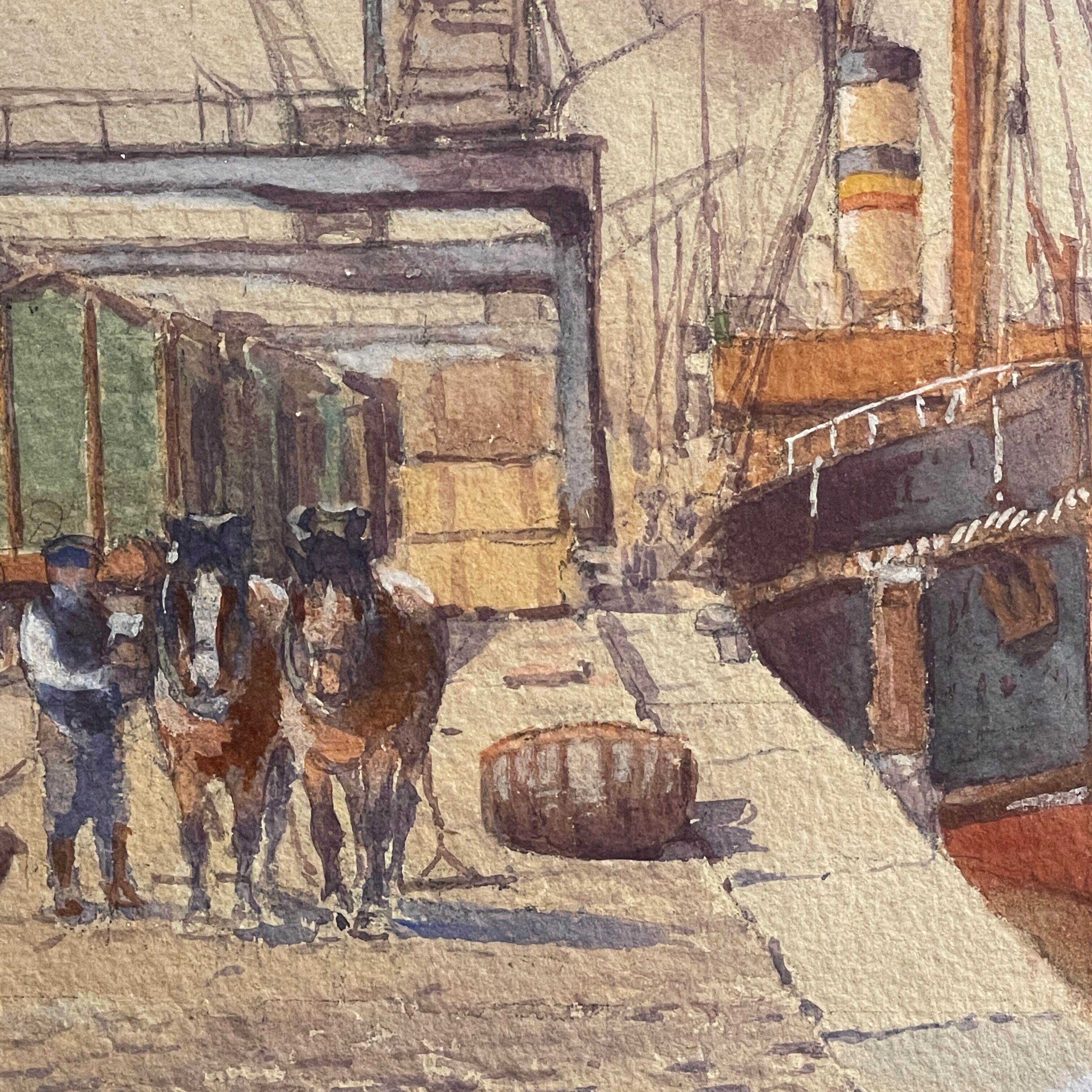 "Quai à Bruxelles" by Emile Lhernault, Tableau Aquarelle Marine, Halage et Chevaux de Trait ca 1910