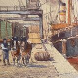 "Quai à Bruxelles" by Emile Lhernault, Tableau Aquarelle Marine, Halage et Chevaux de Trait ca 1910