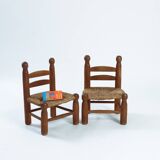 Low fireplace chairs, French, wood and straw set of 2