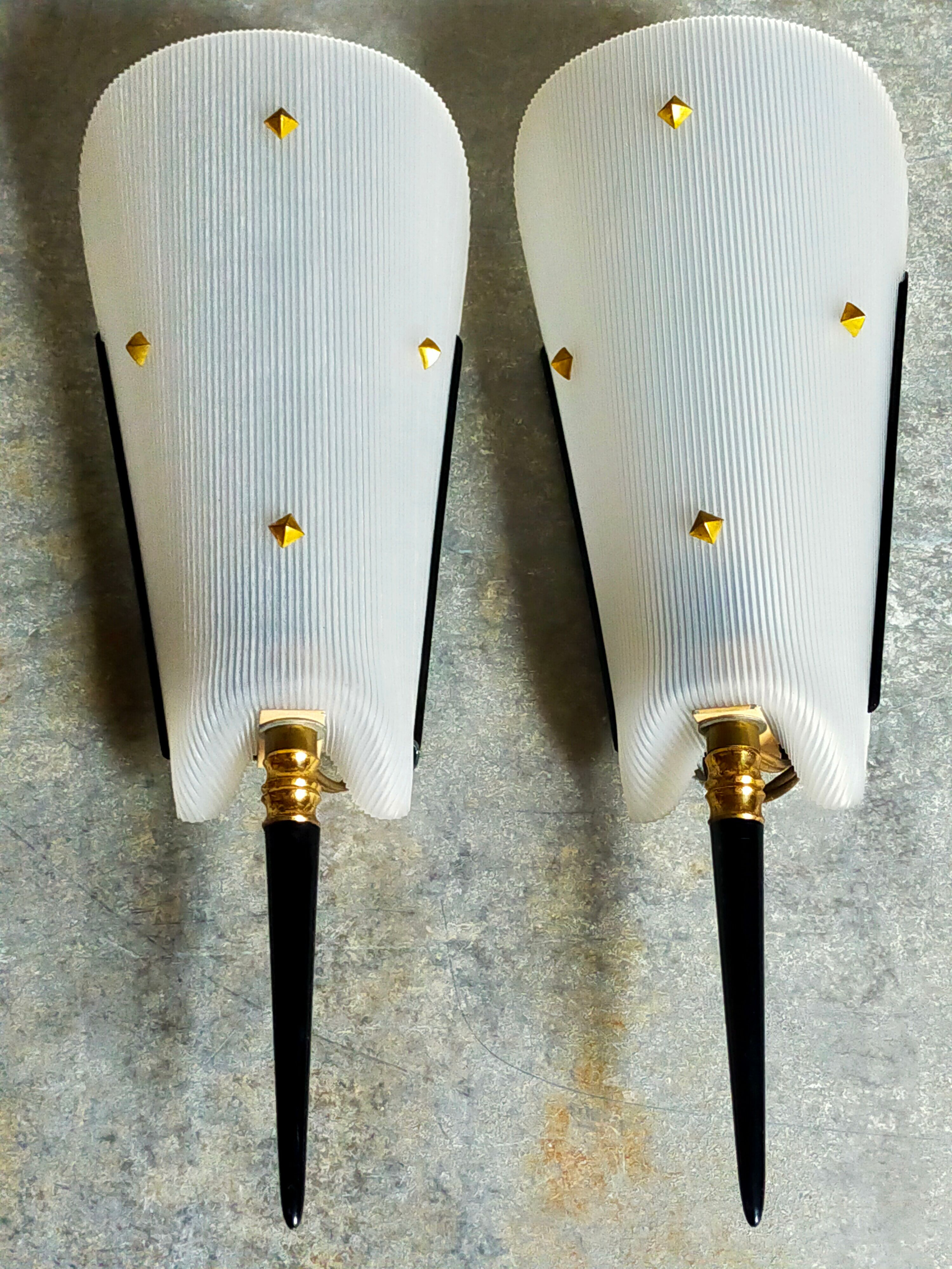 Pair of vintage plexi and bakelite 50s wall lamps