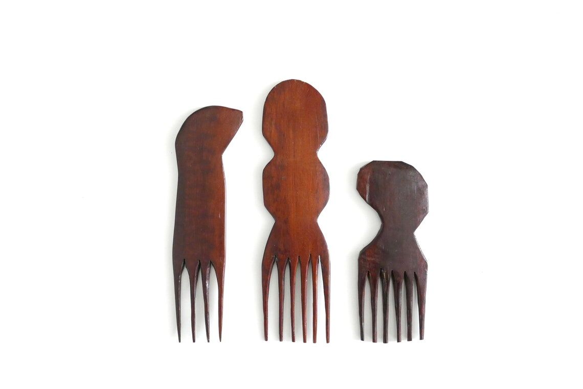 Set de 3 peignes Africains en bois, années 70