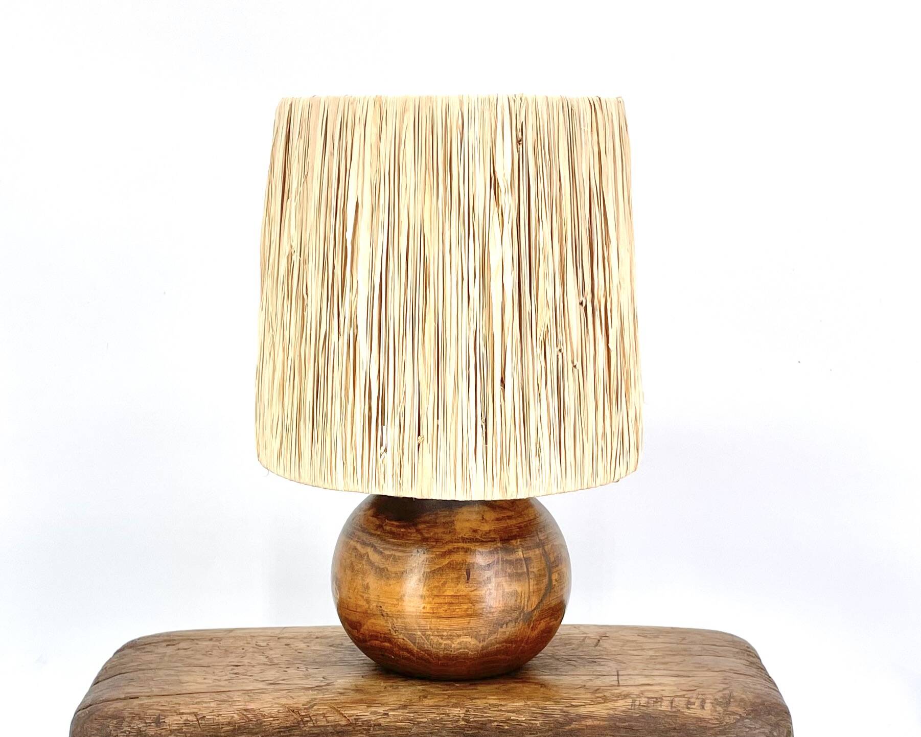 Wooden ball lamp, raffia lampshade, 1970s