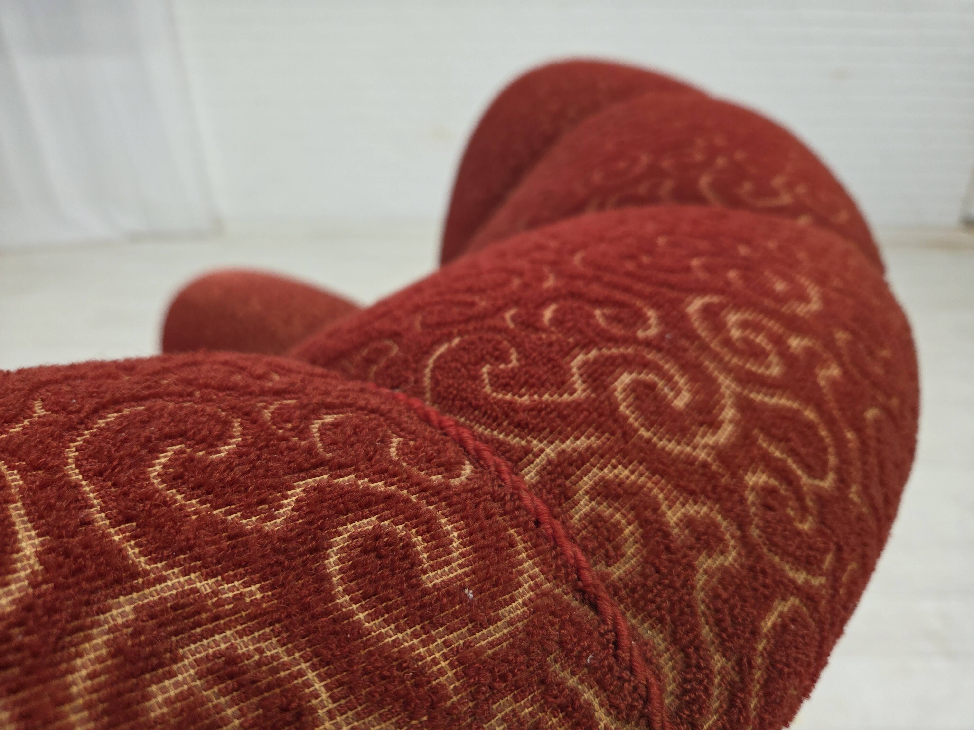 1960s, Danish relax armchair, original red furniture wool, oak wood legs.
