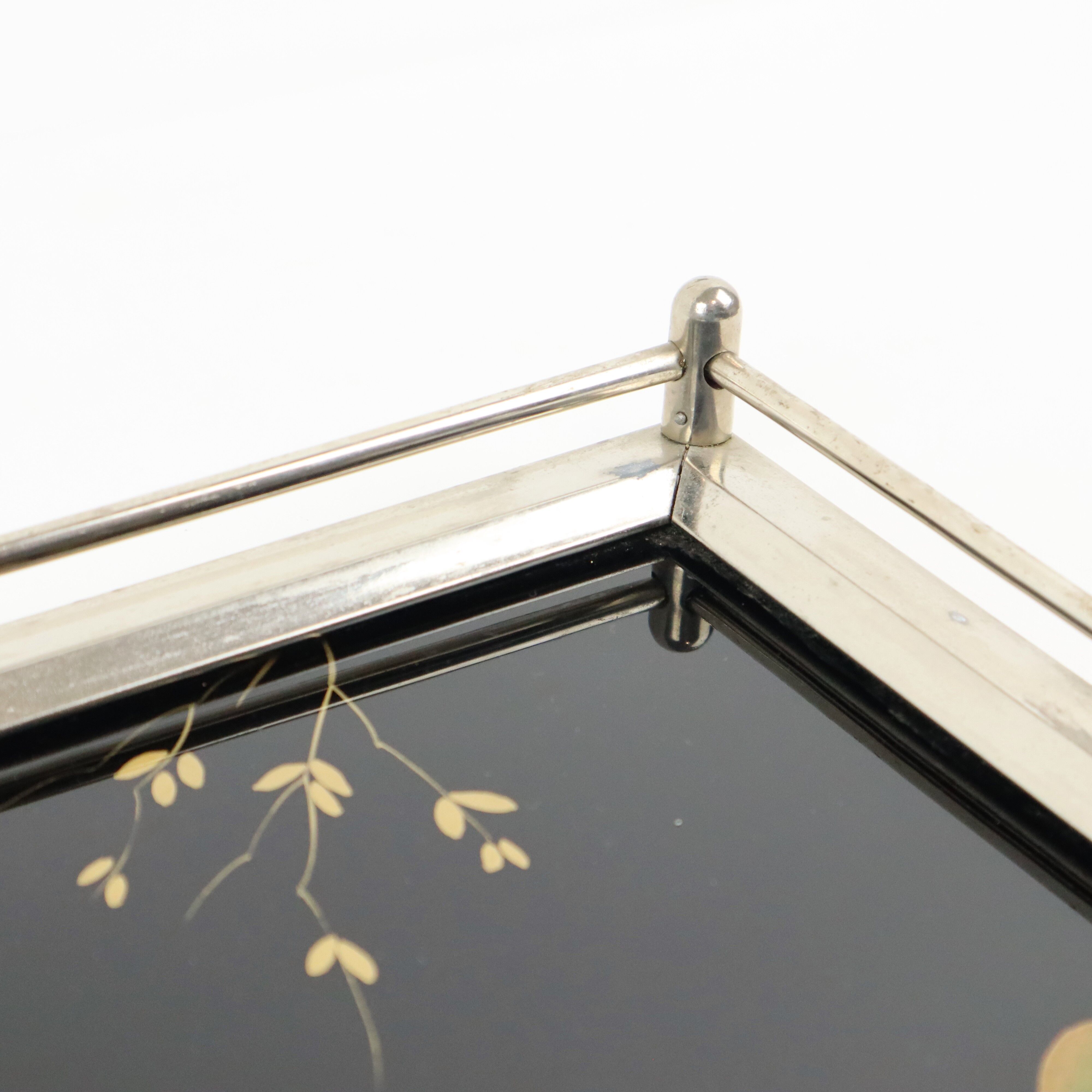 Vintage tray birds black glass chrome 1950s-60s plateau 40x26cm