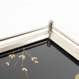 Vintage tray birds black glass chrome 1950s-60s plateau 40x26cm