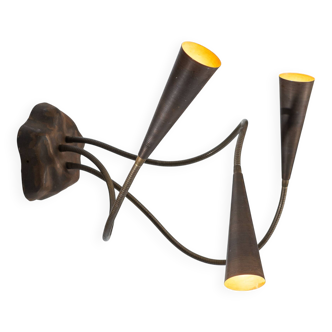 Rare wall lamp with three adjustable goosenecks, made from brass and metal
