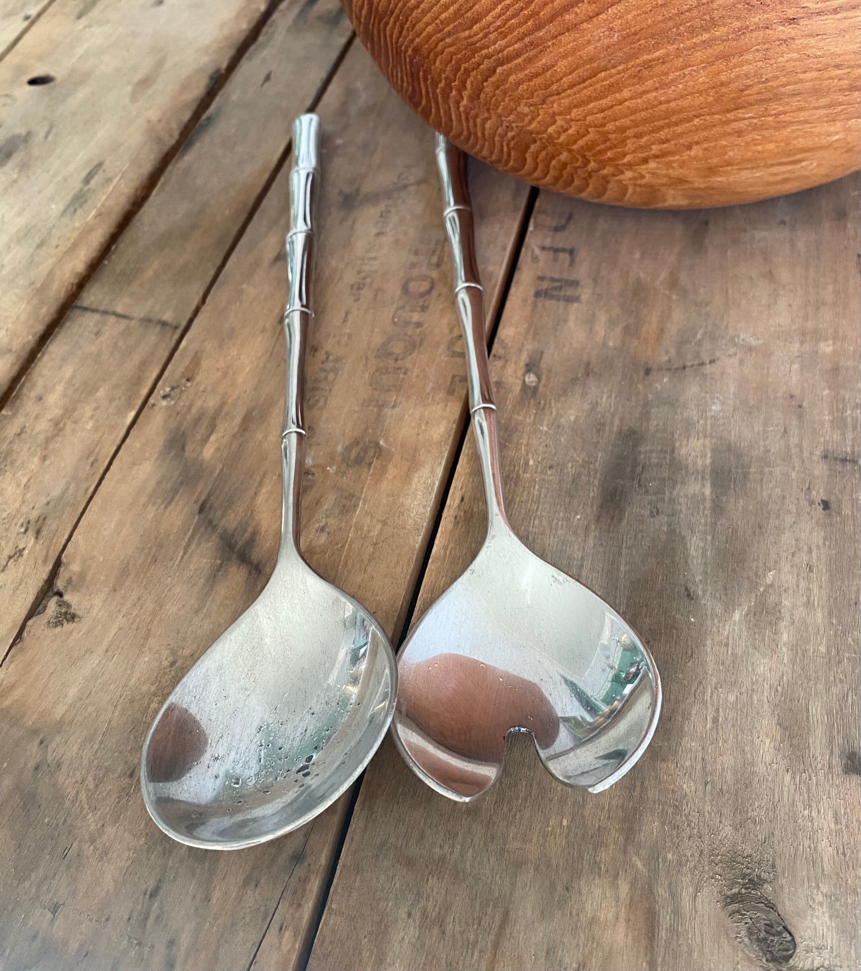 Silver metal service cutlery, bamboo model