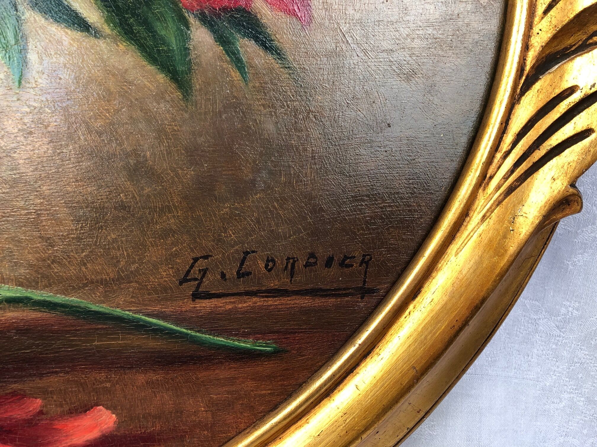 Oil on panel, "Bouquet of peonies" by G. Cordier, 20th