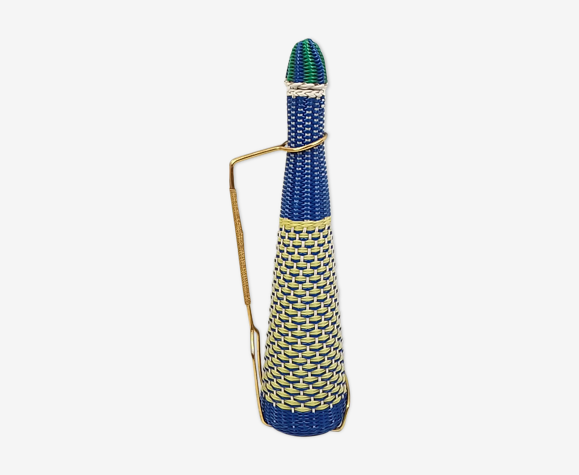 Bouteille en verre contour scoubidou et support métal doré 40,5 cm