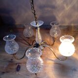 Ceiling chandelier with 5 tulip branches, diamond tip, brass style, 1950s