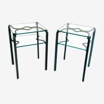 Pair of wrought iron sofa ends and glass tops