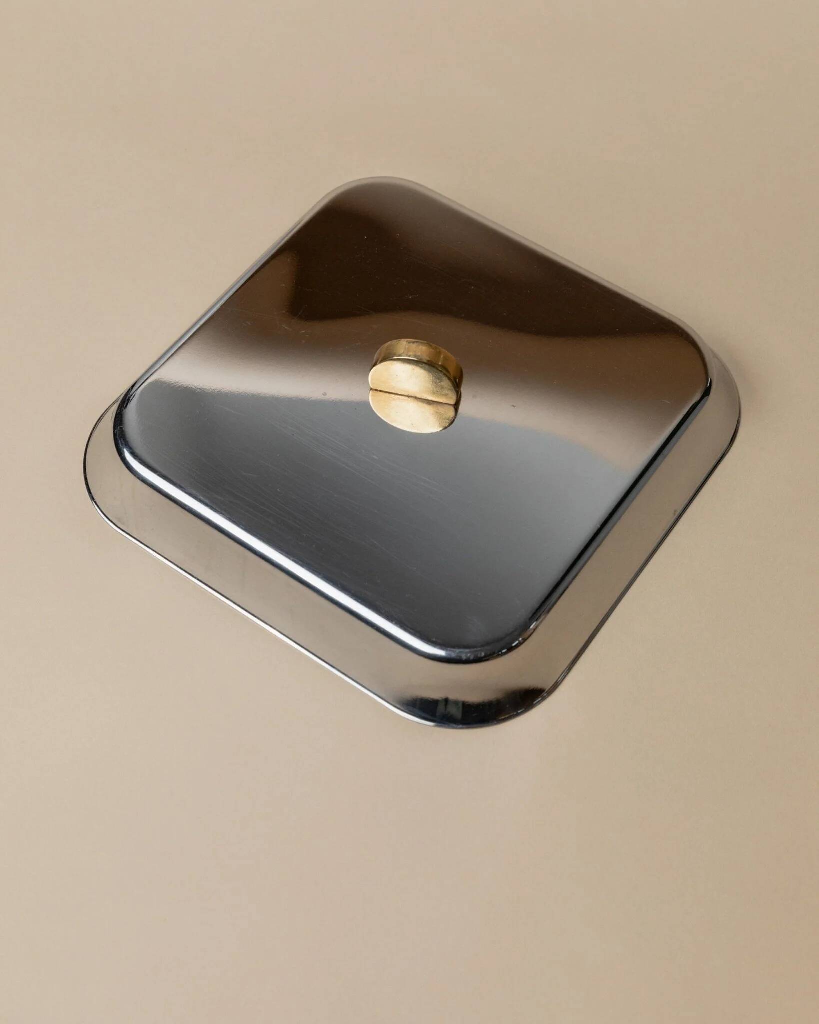 Vintage stainless steel serving tray Inoxpran Orchidea line, silver with gold-plated edge, Italian 1980s design