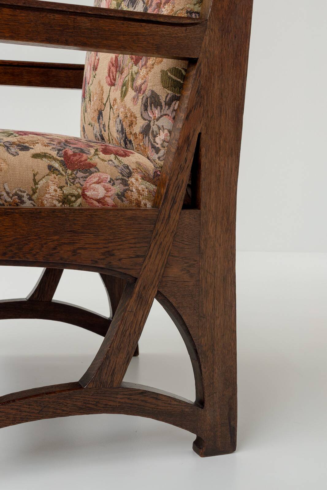 Antique Art Nouveau Armchair in Oak and Floral Upholstery, Belgium ca 1900s