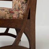 Antique Art Nouveau Armchair in Oak and Floral Upholstery, Belgium ca 1900s