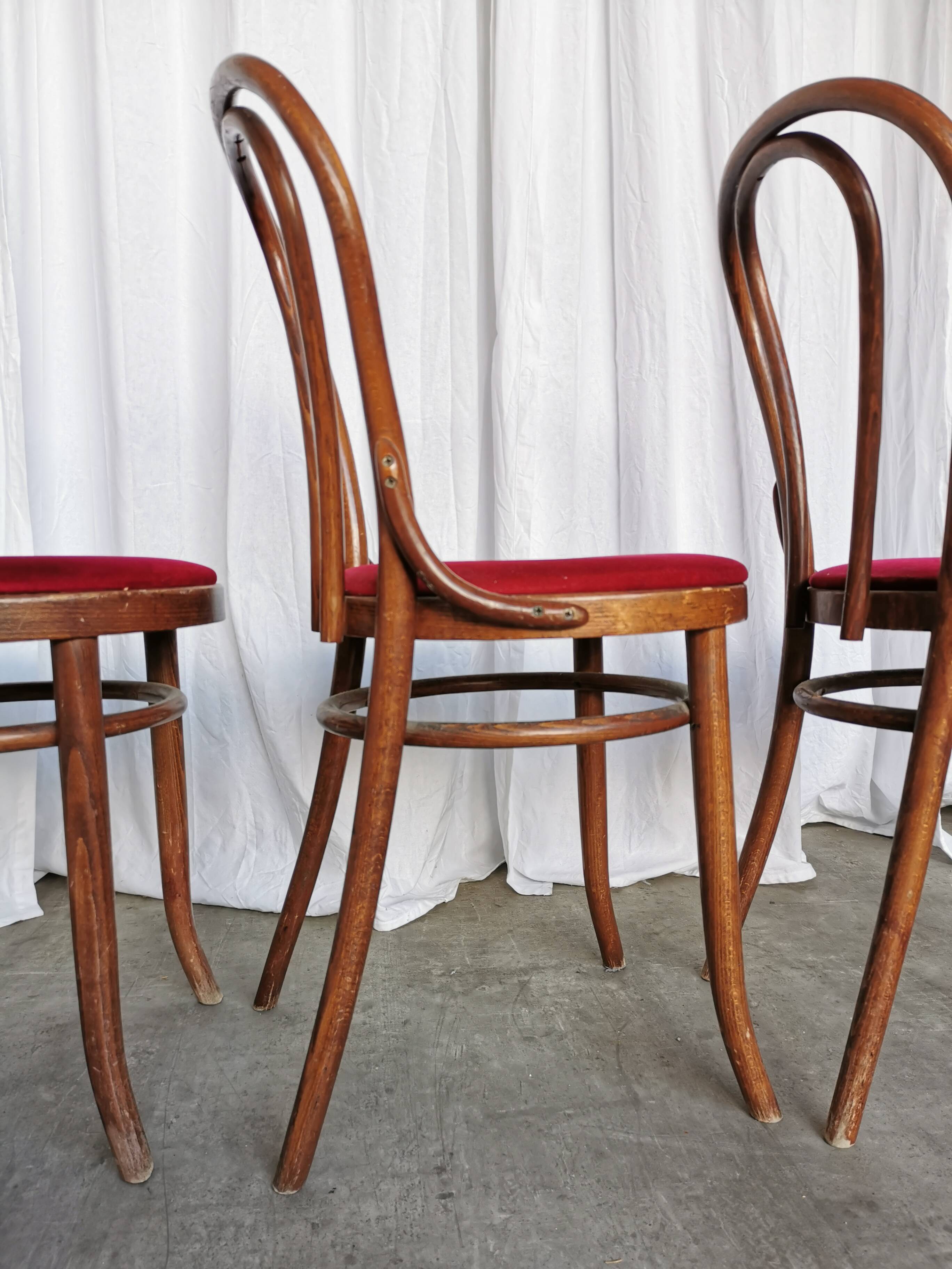 Set of 4 Vintage Bentwood Bistro Chairs, Red Upholstery