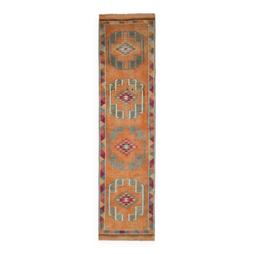 1970s Vintage Turkish Hand-Knotted Wool Cotton Orange Runner Rug 85x364
