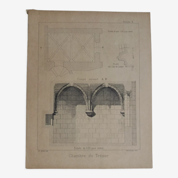 Lithographie ancienne architecture détail de la Chambre du Trésor d'une église