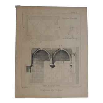 Lithographie ancienne architecture détail de la Chambre du Trésor d'une église