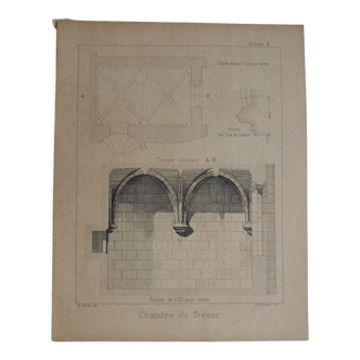 Ancient lithograph architecture detail of the treasury chamber of a church