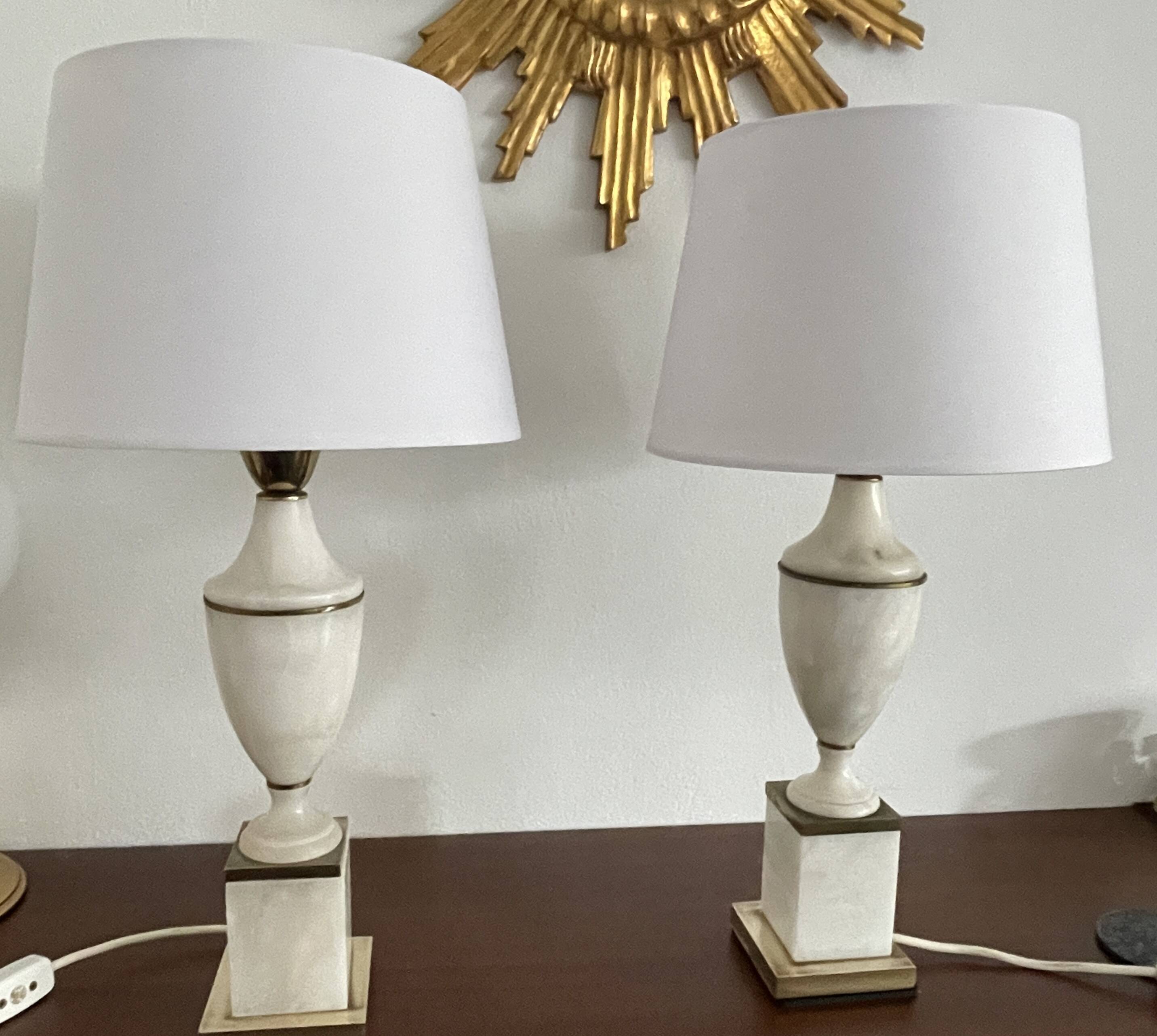 Pair of Art Deco marble and brass lamps