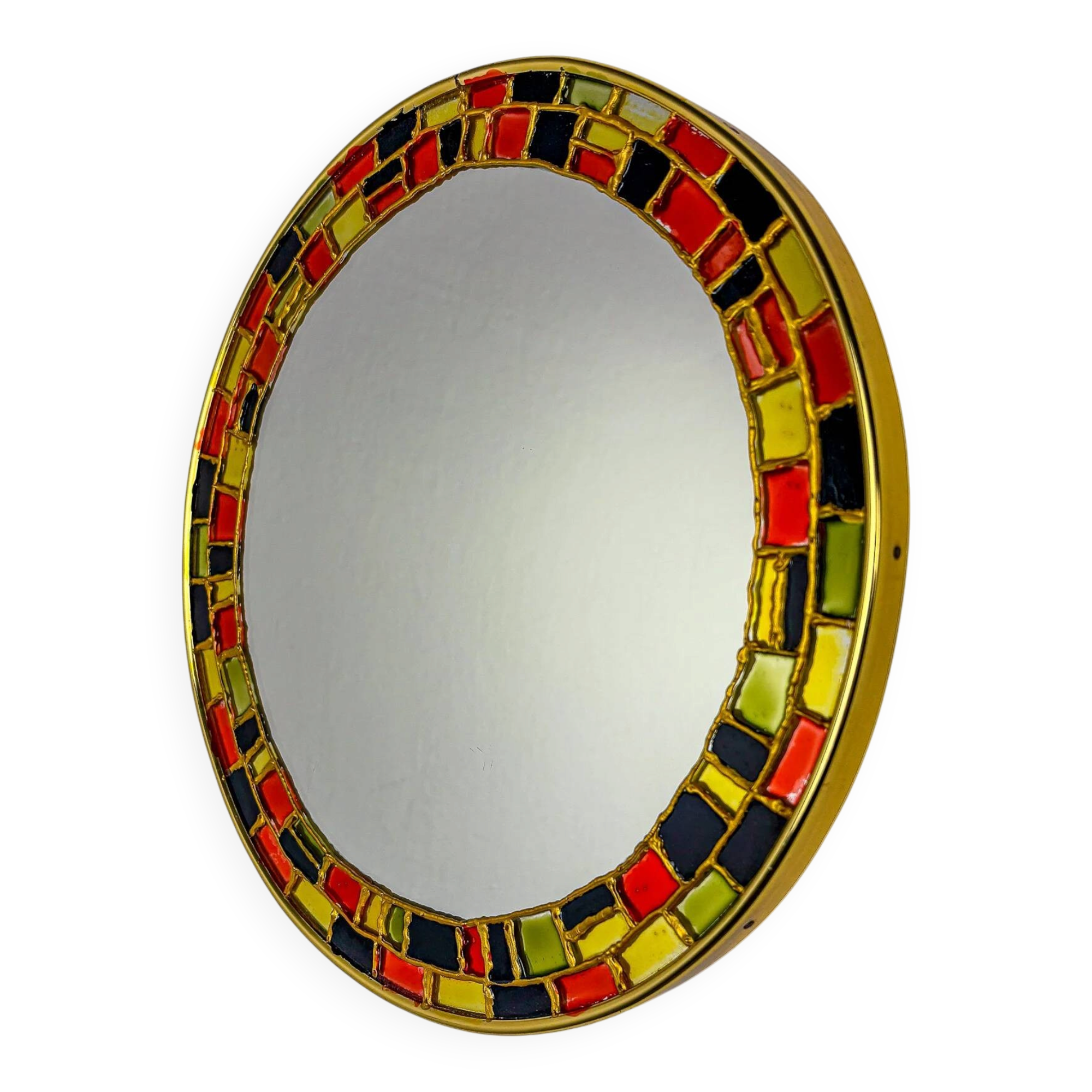 Spanish hand-painted ceramic-style mosaic circular mirror, 1970s